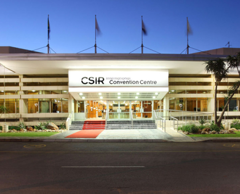 The front entrance of the CSIR International Convention Centre.